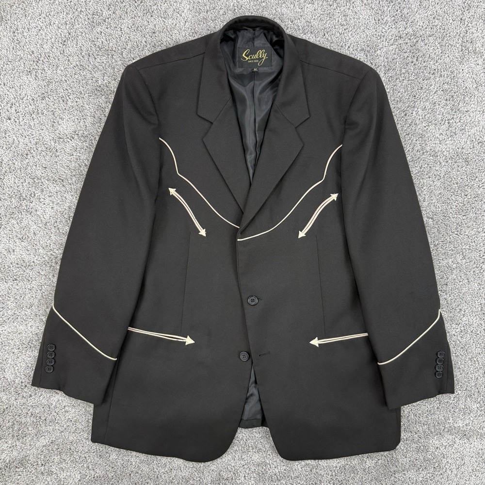 Scully Blazer Men's 44 Black Retro Western Jacket Yokes Piping Smile Pockets